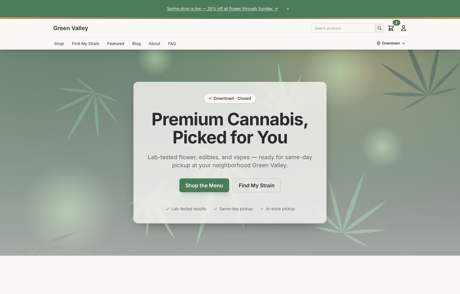 The Haven template showing a product menu — light, warm, and botanical.