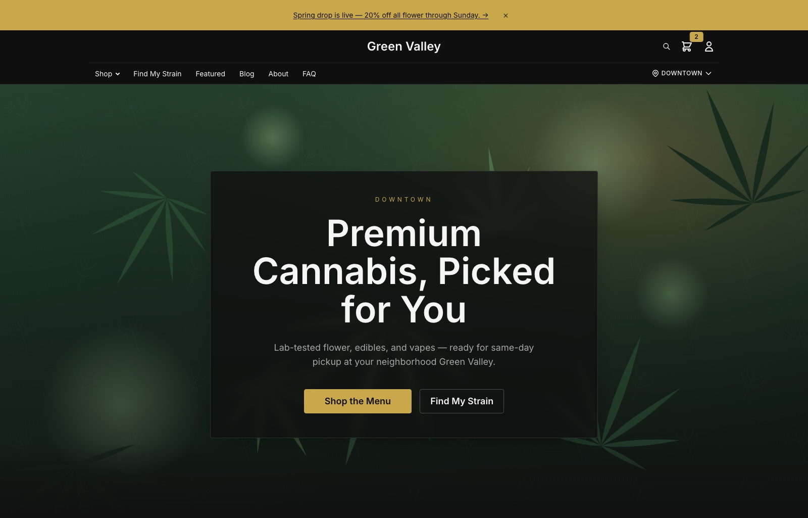 A live Bower storefront homepage in the Noir theme — a dark, premium dispensary site on its own domain.