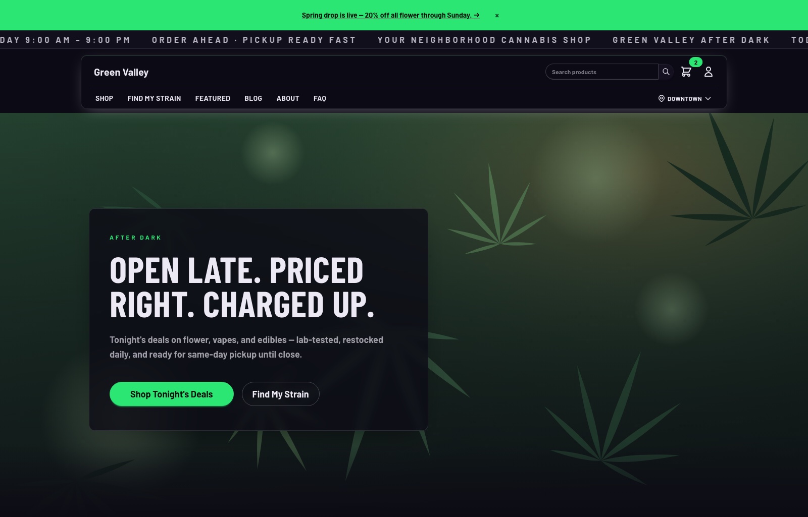 The Voltage template showing a nightlife storefront — dark, neon-lit, with a floating glass header and glowing product cards.